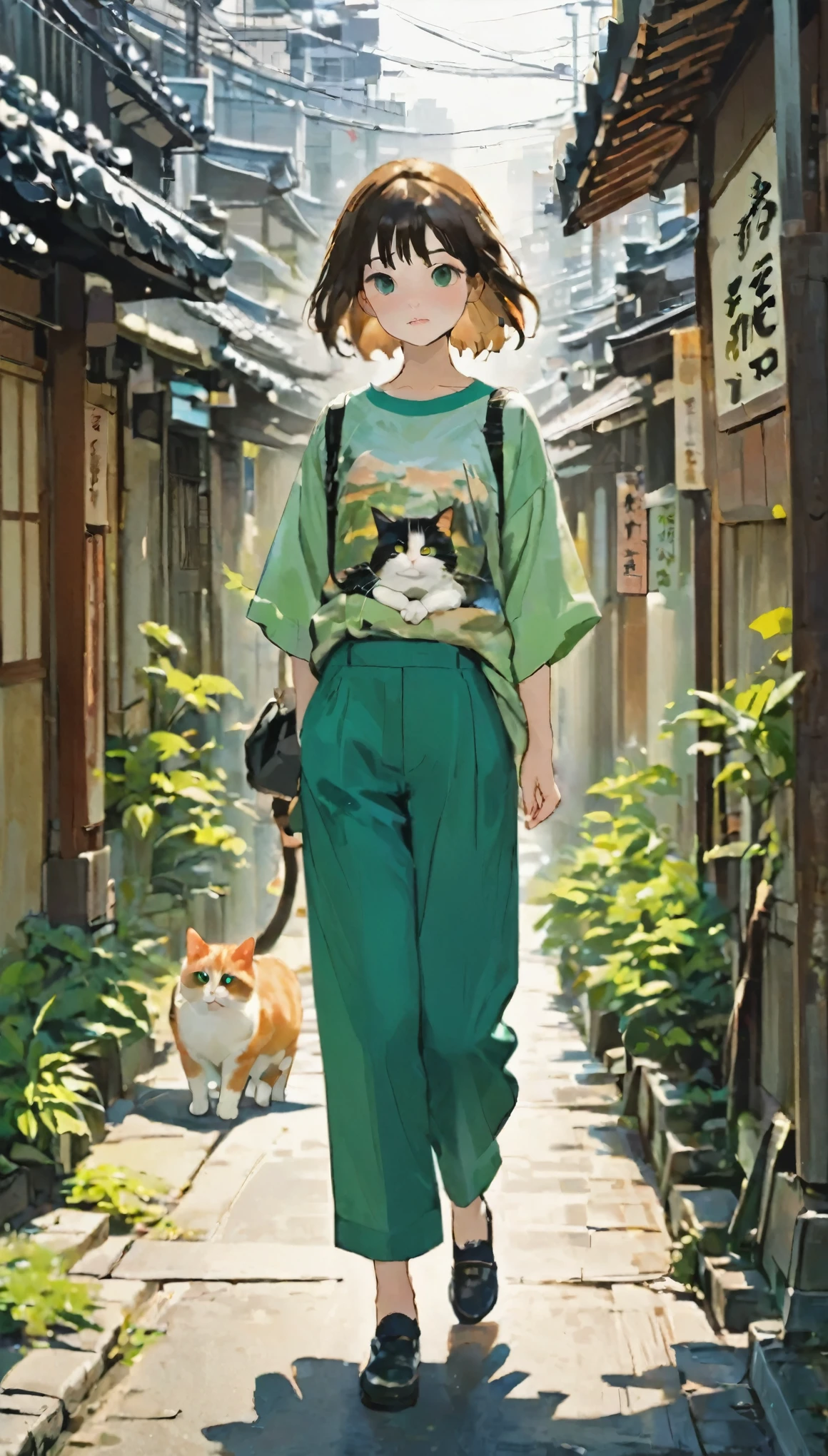 A girl and a calico cat、pretty girl、Calico cat walking with a girl、A girl and a calico cat walking on a promenade、PrintＴshirt、3/4 length pants、Old Japan cityscape、Green Road、Different world、Create silence、