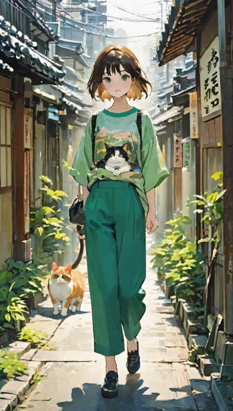 a girl and a calico cat、pretty girl、calico cat walking with a girl、a girl and a calico cat walking on a promenade、printｔshirt、3/...