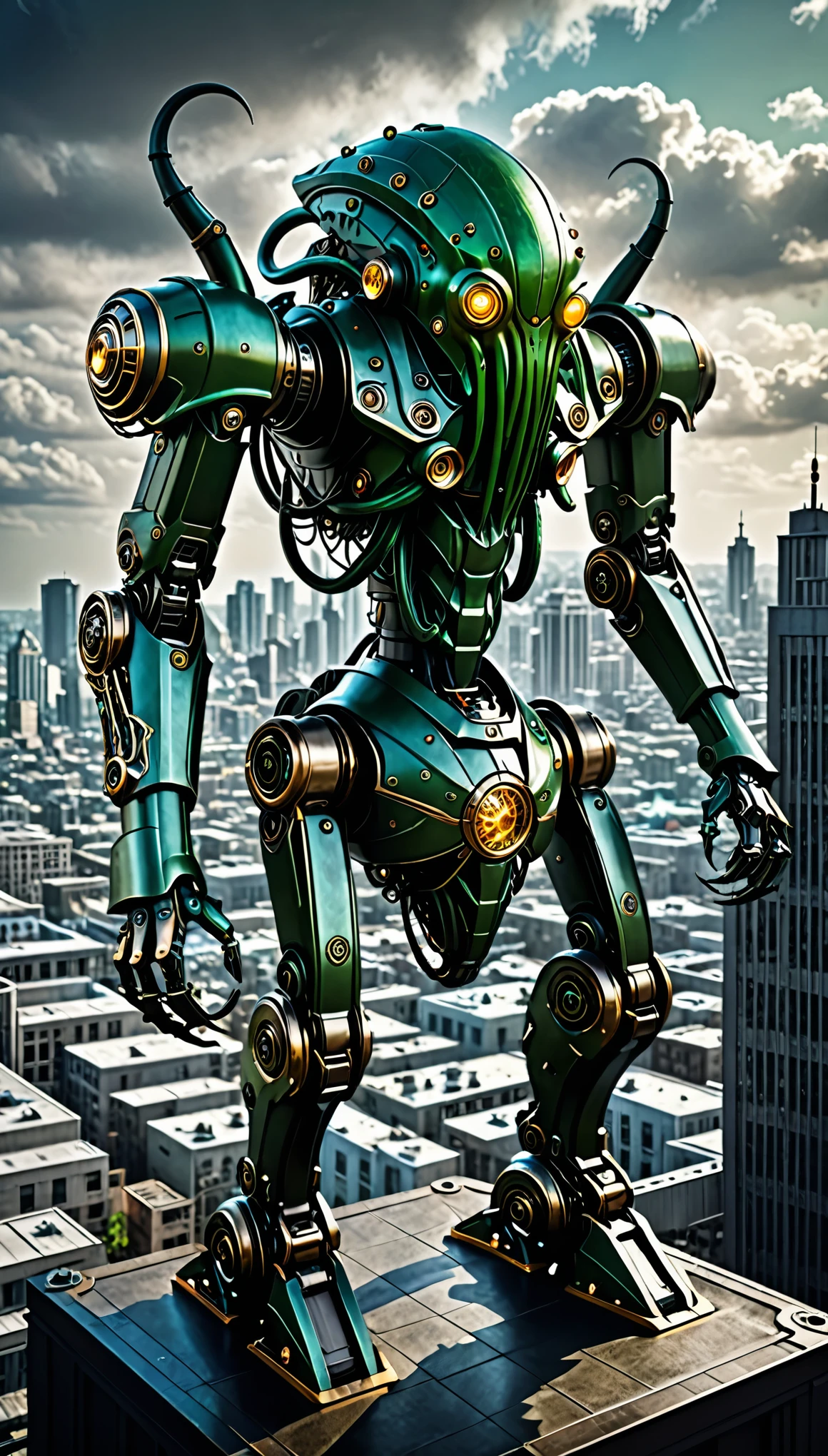 best quality, super fine, 16k, extremely detailed, 2.5D, delicate and dynamic, clockwork Cthulhu mech robot android, looking at city from above, ready to attack, dark fantasy effect