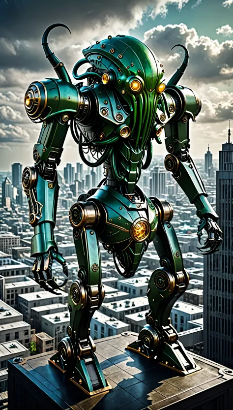 best quality, super fine, 16k, extremely detailed, 2.5D, delicate and dynamic, clockwork Cthulhu mech robot android, looking at ...