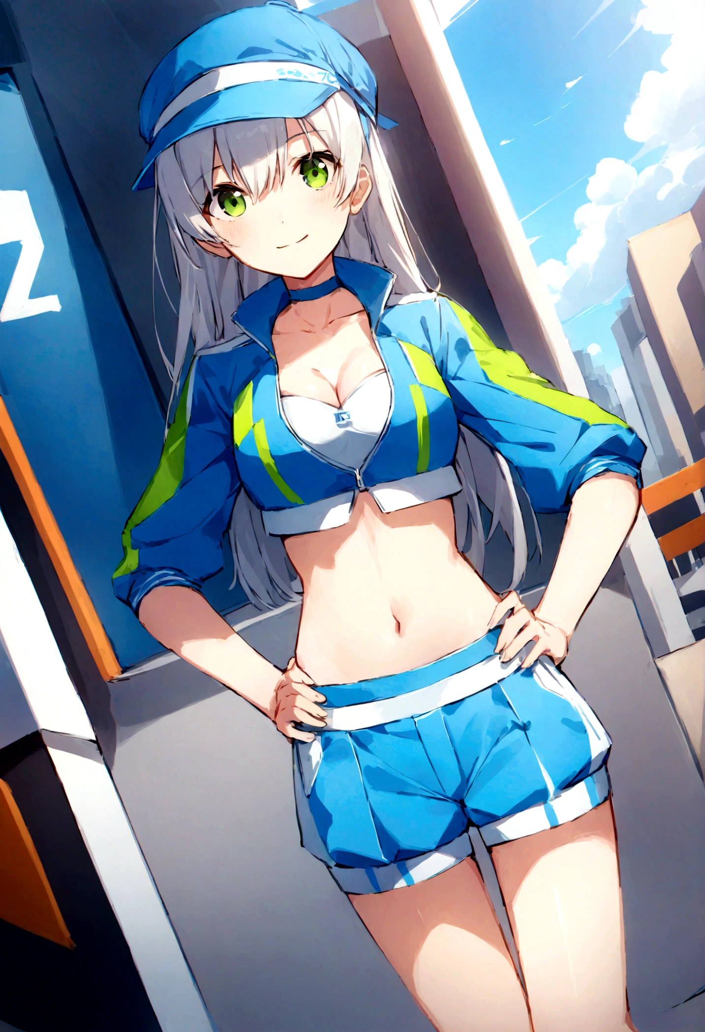 score_9, score_8_up, score_7_up,4k, ,BREAK , (from front,top angle),standing,straight-on,hands on hips,1girl,RACEELIE, HAIRBAND, CHOKER, BLUE HAT, BLUE JACKET, CROPPED JACKET, CLEAVAGE, MIDRIFF, BLUE SHORTS, PLEATED SKIRT,(light smile),(daytime and beachside and city), ,,,detailed skin,,(best quality),,(aesthetic,very aesthetic),sharp focus,depth of field,,