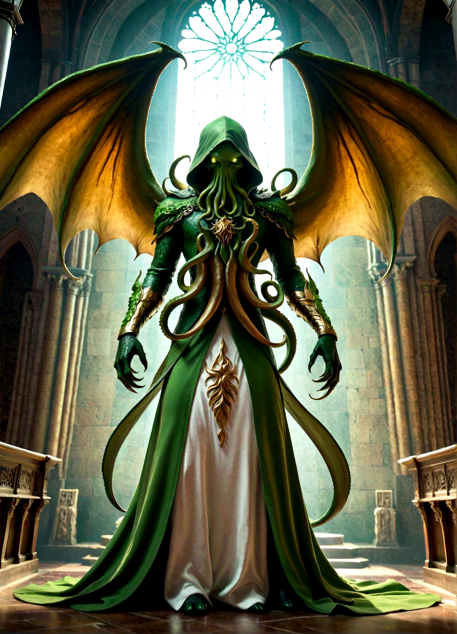 masterpiece, best quality, Practical, Cthulhu Emissary, Solitary, In a high-end church, Green Skin, (paw), The silhouette of huge wings, detailed tentacles, The Eye of Fear，Gold and white clothes, Long scarf, flow, Light Armor, whole body, (from below), flame, particle