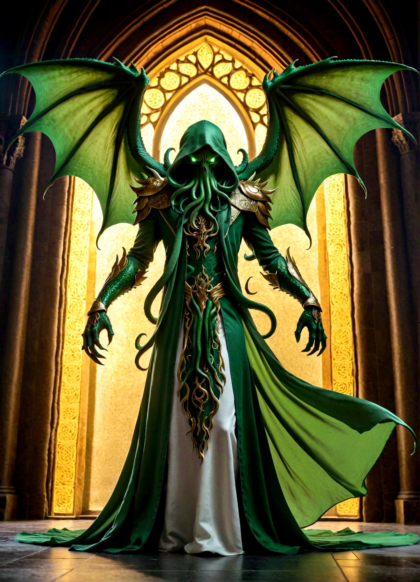 masterpiece, best quality, Practical, Cthulhu Emissary, Solitary, In a high-end church, Green Skin, (paw), The silhouette of huge wings, detailed tentacles, The Eye of Fear，Gold and white clothes, Long scarf, flow, Light Armor, whole body, (from below), flame, particle