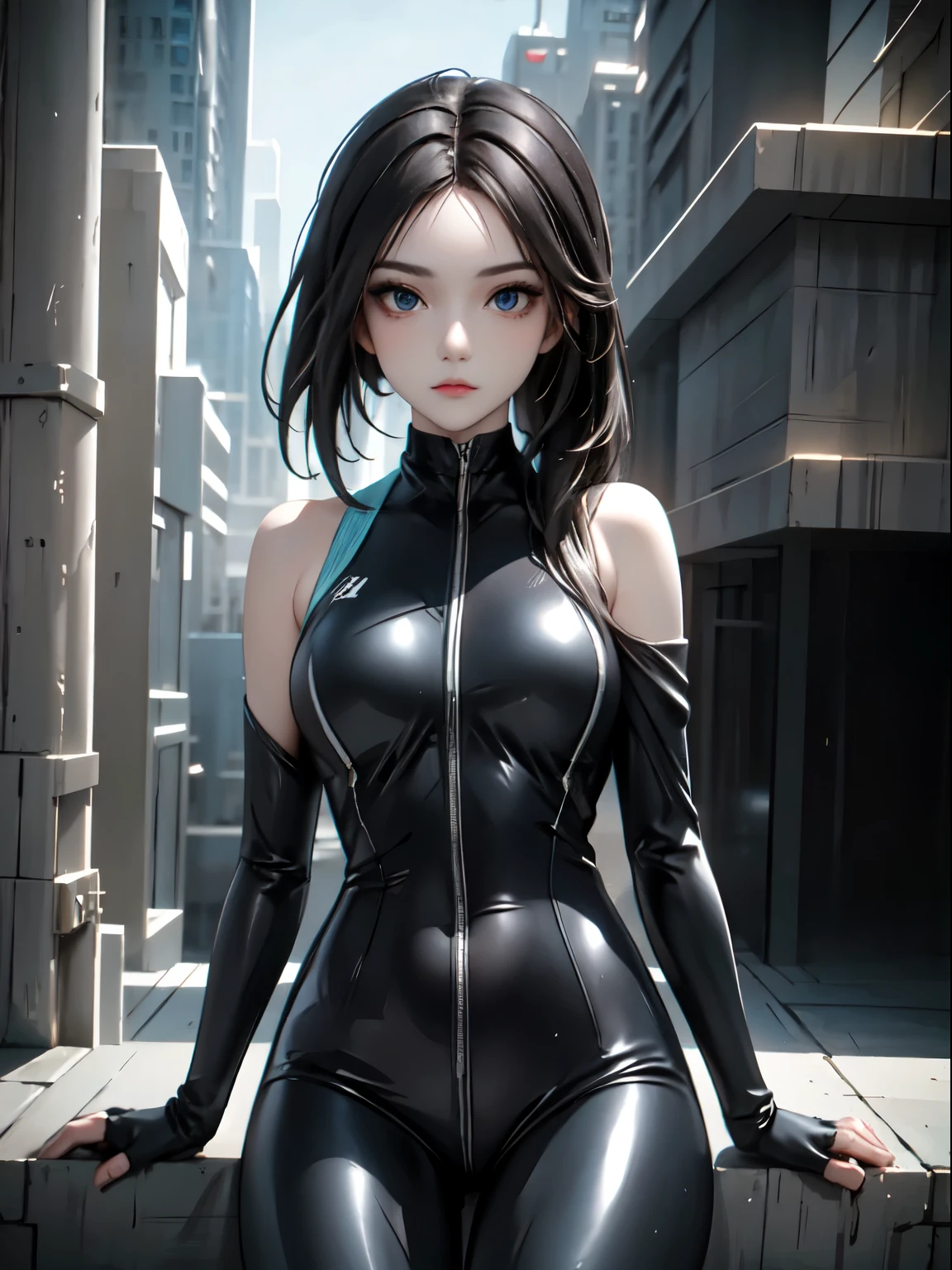 ((best quality)), ((masterpiece)), (detailed), 1girl, off-shoulder sweater, (masterpiece), (best quality), looking at the audience, Positive characters,4K，Fine facial depiction，Black hair，Blue eyes，Face Focus，Half Body，Black long hair realistic, high resolution, Soft Light,1 female, Solitary, Hip lift, (Delicate face), long dark hair, Agent, , Cyberpunk,  Cyber Armor,Luminescence, on the street，Racing suits，Black and white color，Tight black latex suit，Neat hair，Dark Luminescence Background，Sitting frontally，Hands behind your back，full，Chest leak
