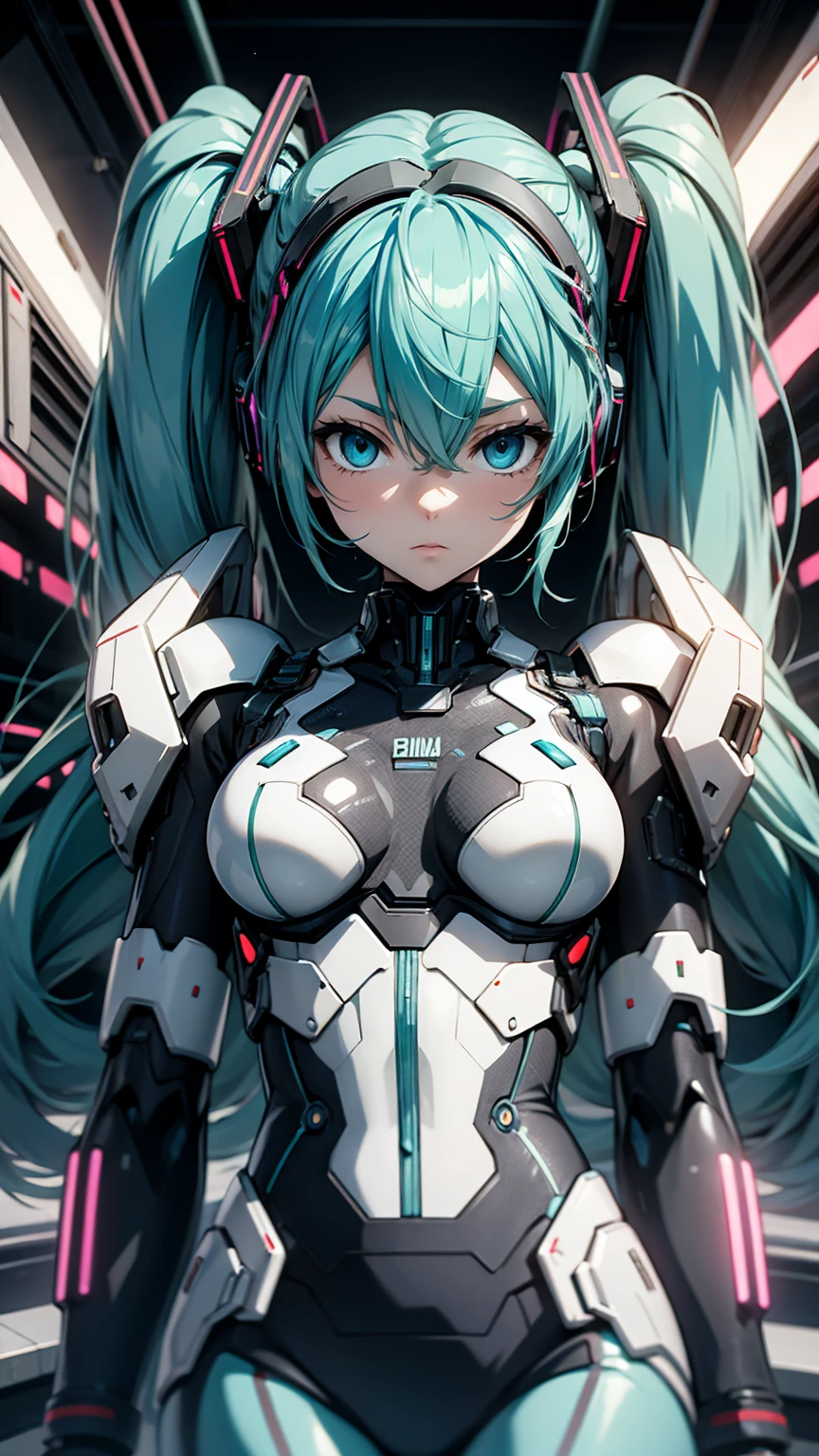 Hatsune Miku VOCALOID, Twin tails, Bright Blue Eyes, Light blue hair, Bodysuits, cyber punk, Ultimate Physical Beauty, Beautiful Eyes, Embarrassed look , Big Chest, 8k CG, highest quality, Best image quality,