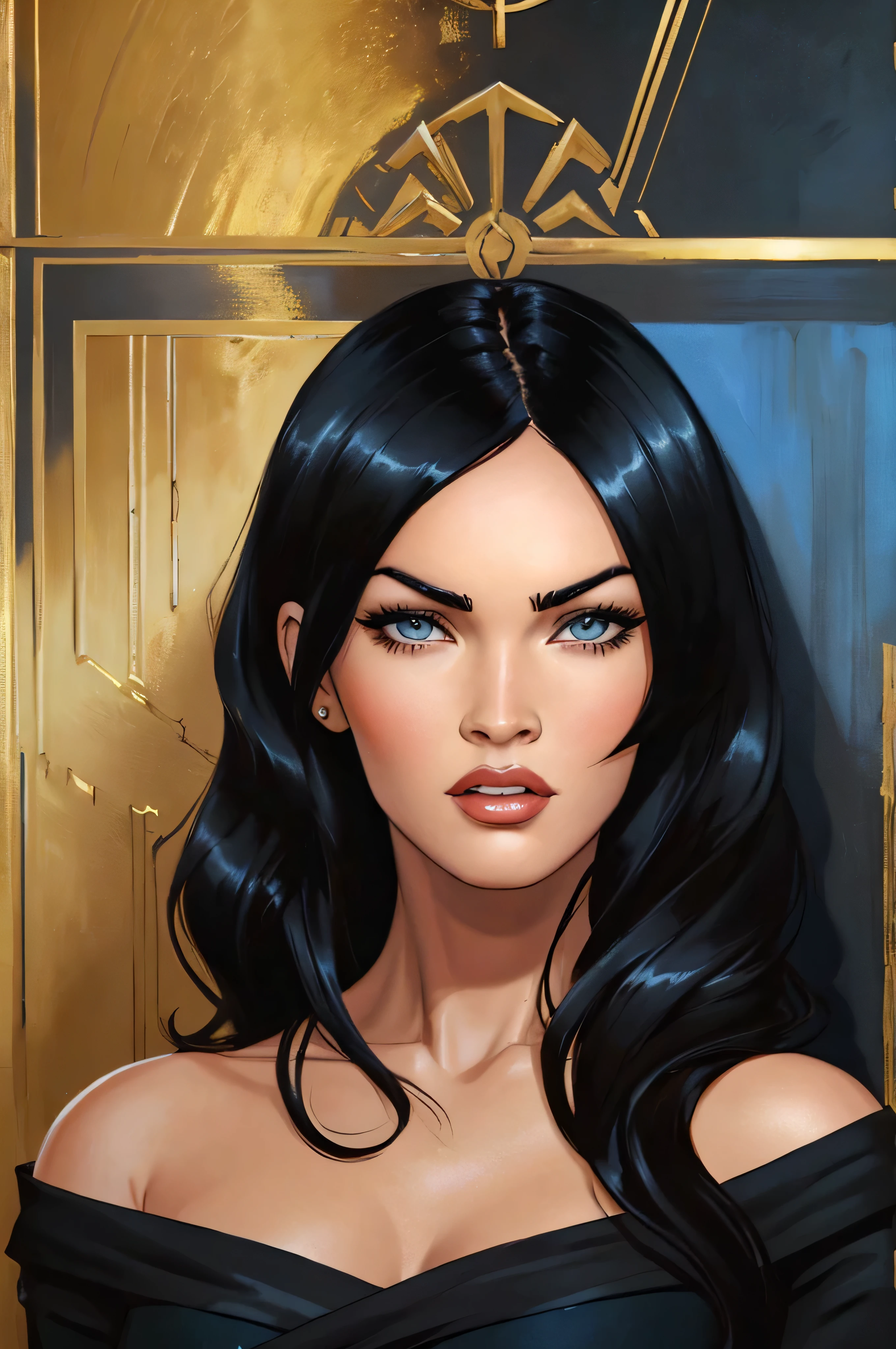 a megan fox with long black hair in a gold painting, in the style of charlie bowater, dark blue and dark black, michael garmash, comic art, realistic color palette, dark black and beige, soft-focused realism --ar 24:37 --stylize 750 --v 6