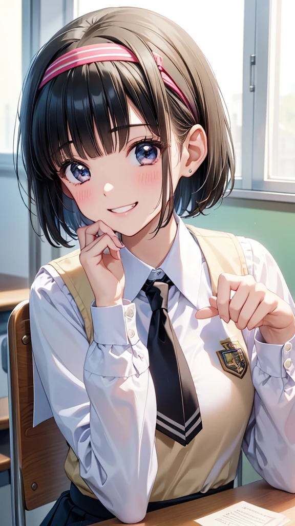 young woman、smile、((Short Hair、hair band))、Blushing、Grin、masterpiece、High resolution、16k、Long sleeve uniform、(Very close:1.5)、School classroom、(Close up of upper body)