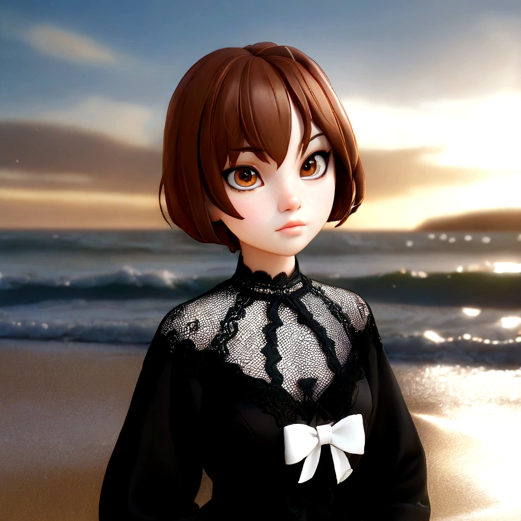 Golden Eyes、Anime girl with brown hair and black dress on the beach, Created by Anime Painter Studio, render of a cute 3d anime girl, Anime-style 3D, Anime Moe Art Style, Realistic Anime 3D Style, Smooth anime CG art, Anime style portrait, ( ( 3D Rendering ) ), April Rendering, 3d anime girl, Realistic anime art style