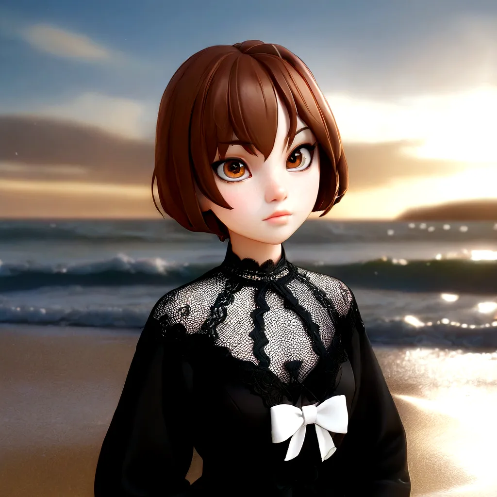 Golden Eyes、Anime girl with brown hair and black dress on the beach, Created by Anime Painter Studio, render of a cute 3d anime ...