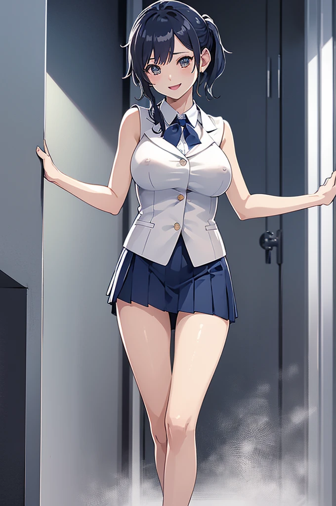 (high quality)、(high resolution)、Professional Lighting、Thin and beautiful legs、Narrow waist、(Big Breasts)、Erect nipples、Smiling and ecstatic expression、whole body、Sleeveless buttoned and collared white shirt、Navy blue pleated skirt、sofa、Navy blue blazer high 