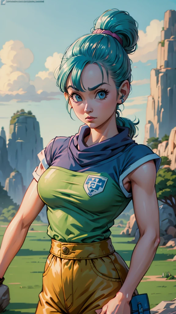 Close-up of a person in a pink outfit posing for a photo, bulma from dragon ball, artwork in the style of guweiz, In the style of Ross Tran, extremely detailed artistic germ, artgerm julie bell beetle, artgerm and Lois van Baarle, Style Ross Tran, Lois van Baarle y Rossdraws, minty blue fur. 8k. in your blouse say bulma.
