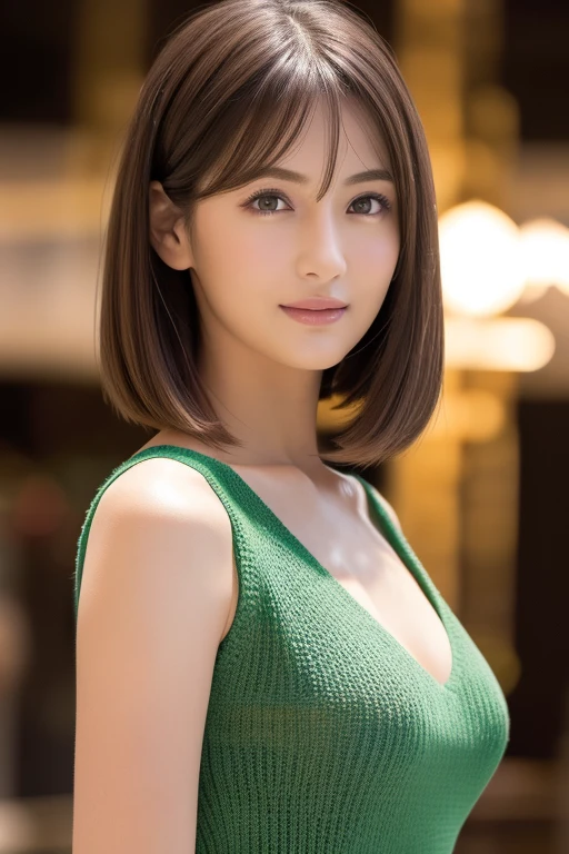 one 19 year old girl, (Light green V-neck sheer knit dress), (cleavage), Raw photo, highest quality, (photorealistic), very delicate and beautiful, very detailed, 8K wallpaper, High resolution, soft light, very detailed目と顔, beautifully detailed nose, detailed and beautiful eyes, cinematic lighting, night city lights, perfect anatomy, slender body, well-shaped chest, (straight hair), (short hair), (facing forward), (view audience), smile, asymmetrical bangs, light brown hair