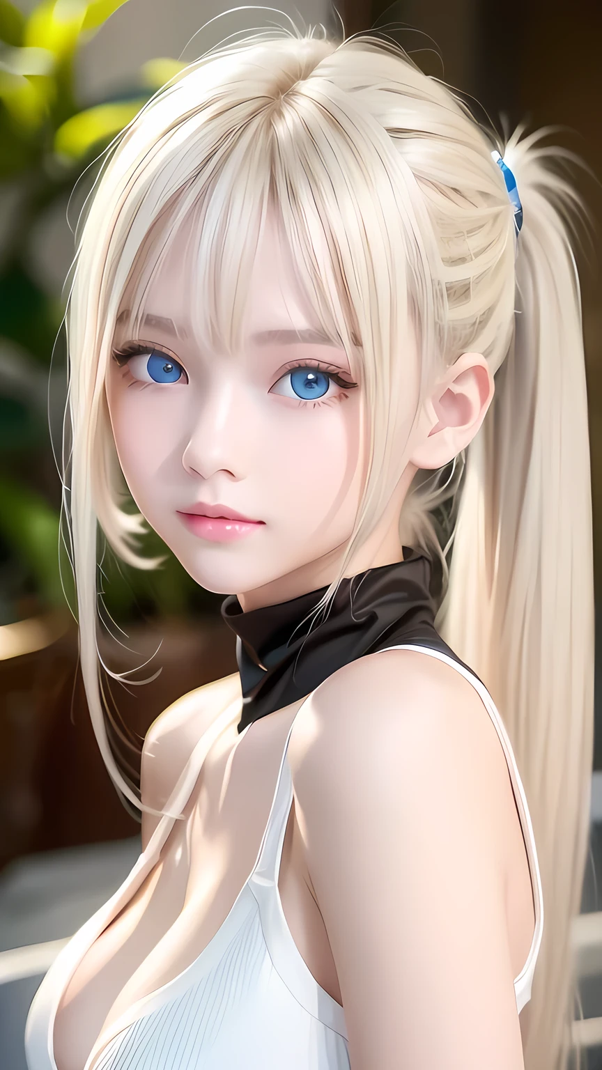 Portrait、、Bright expression、ponytail、Young, lustrous, glowing, white skin、The best beauty、Blonde reflection、Platinum blonde hair with dazzling highlights、Shiny bright hair,、Super long silky straight hair、Shiny beautiful bangs、Bright, clear, attractive, large blue eyes、Very beautiful lovely cute 16 year old girl、Ample Bust