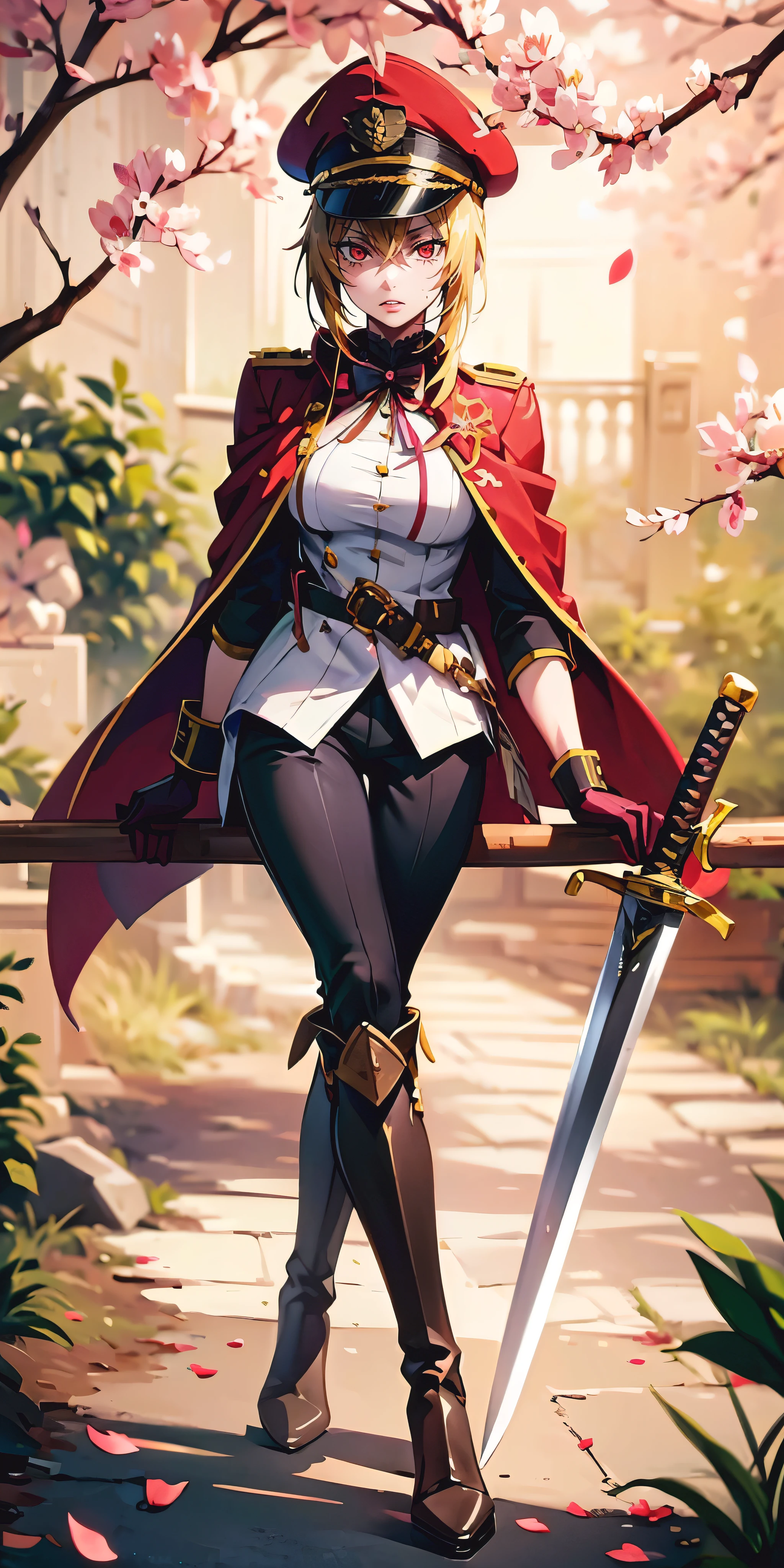 AngelicaV4, hair bun, braid, blonde hair, red eyes, curvy, anatomical correct, 1girl, solo, looking at viewer, bangs, gloves, long sleeves, hat, jacket, full body, weapon, boots, falling petals, sakura, wall, rock, plant, flower, spotlight, wood, belt, pants, sword, white gloves, cape, black footwear, uniform, military, black headwear, military uniform, buttons, black pants, knee boots, crossed legs, katana, sheath, peaked cap, sheathed, military hat, hollow eyes, red eyes, lips, cheek, expressionless, glaring eyes, upper teeth, magic, 