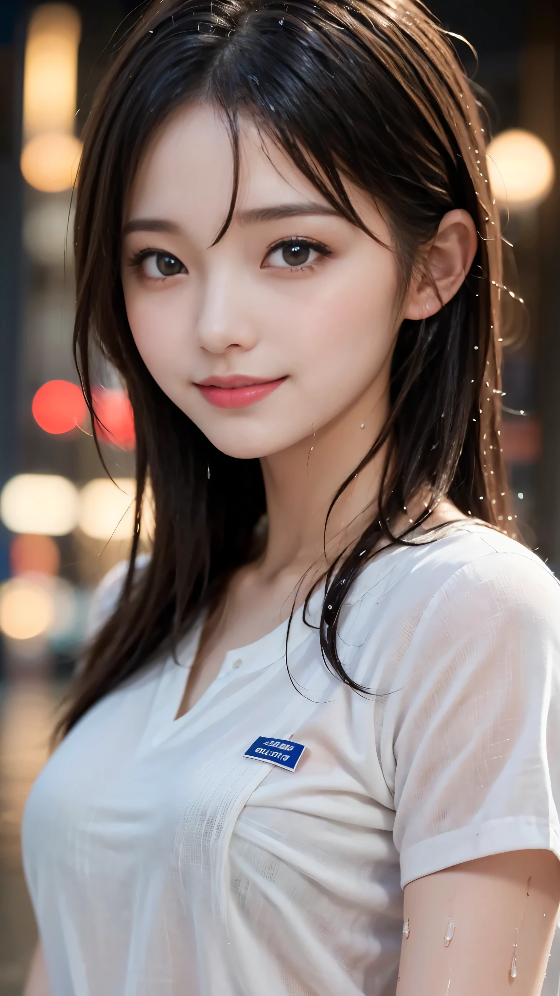 ((Night in the city、highest quality、Masterpiece、High resolution))、(((Zoom photo of upper body、Wet body、Wet Hair)))、(A shy smile:1.2)、One 15-year-old female、Beautiful Skin、Beautiful Eyes、Large Breasts、Nurse uniform、Black Hair、short hair、Wavy Hair、Trimmed bangs