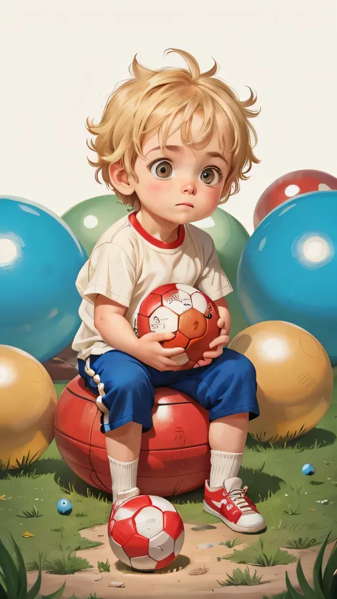 a little boy, 2 years ,with tousled blond hair, sits among the balls and holds a small ball in his hands