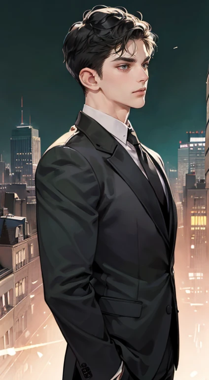 ((One man with a black suit and tie)), New York City, gotham, alejandro, he looks very sophisticated, (((left-side swept black short hair))), (dark green eyes and thick eyebrows), smirk, ((20 years old)), ((masterpiece)), posture dynamic,