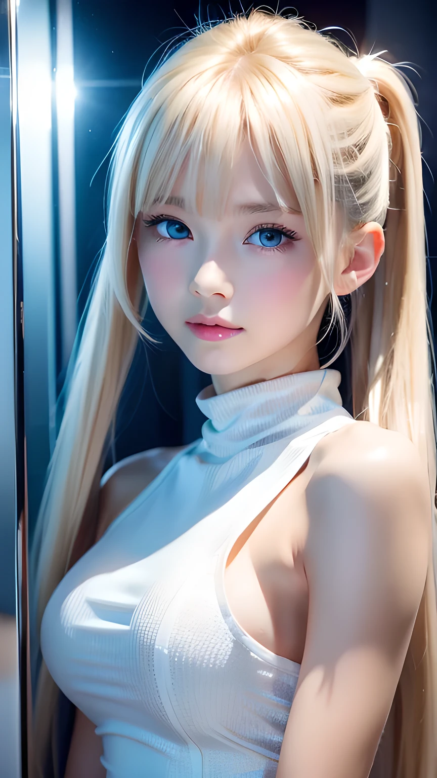 Portrait、、Bright expression、ponytail、Young, lustrous, glowing, white skin、The best beauty、Blonde reflection、Platinum blonde hair with dazzling highlights、Shiny bright hair,、Super long silky straight hair、Shiny beautiful bangs、Bright, clear, attractive, large blue eyes、Very beautiful lovely cute 16 year old girl、Ample Bust