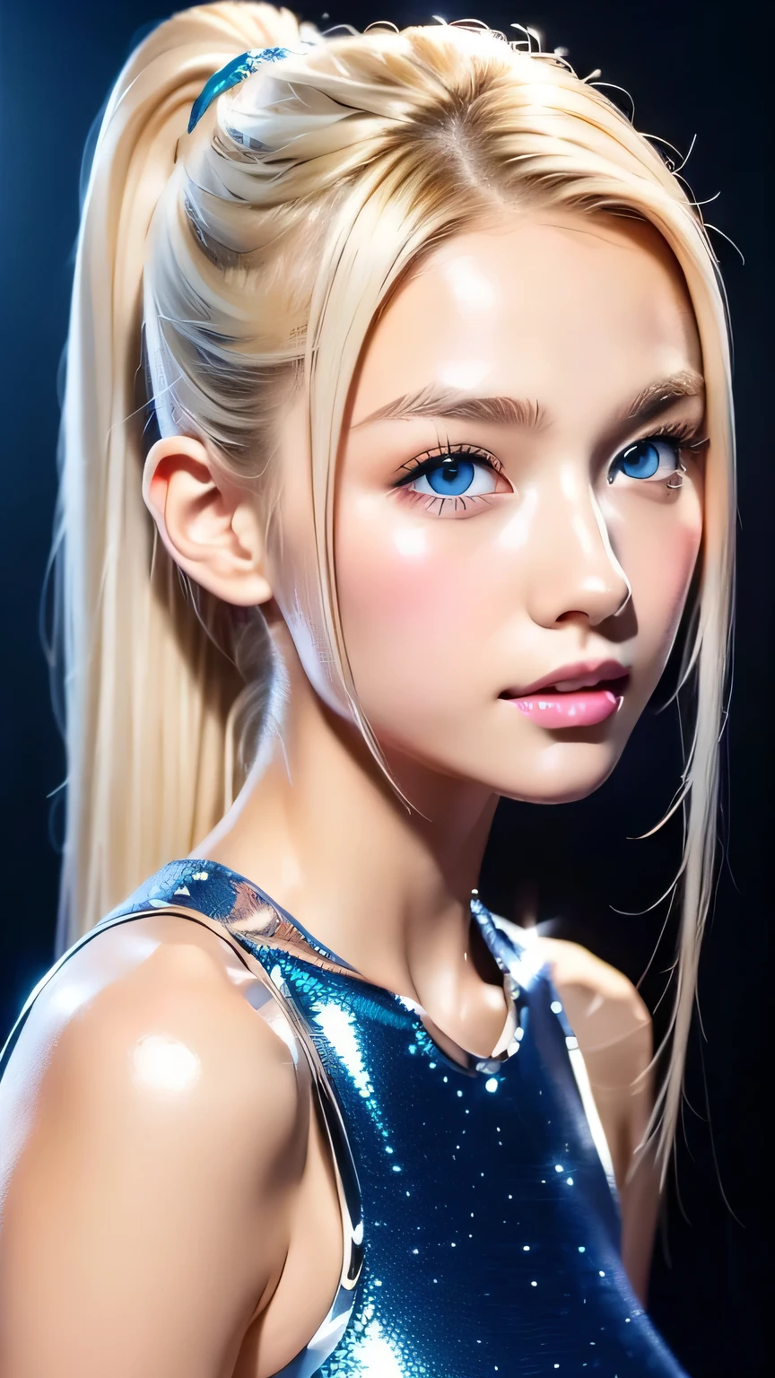 Portrait、、Bright expression、ponytail、Young, lustrous, glowing, white skin、The best beauty、Blonde reflection、Platinum blonde hair with dazzling highlights、Shiny bright hair,、Super long silky straight hair、Shiny beautiful bangs、Bright, clear, attractive, large blue eyes、Very beautiful lovely cute 16 year old girl、Ample Bust