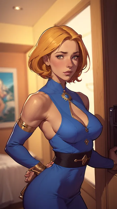 um close de uma mulher com um vestido azul e longos cabelos ruivos, arte de personagem impressionante, linda pintura de personag...