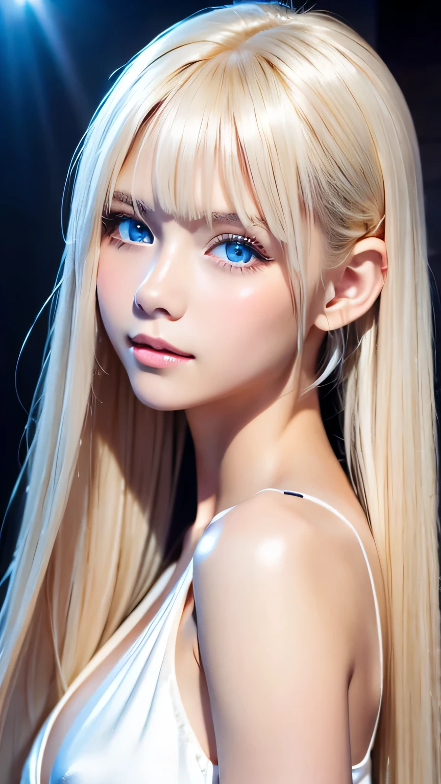 Portrait、、Bright expression、ponytail、Young, lustrous, glowing, white skin、The best beauty、Blonde reflection、Platinum blonde hair with dazzling highlights、Shiny bright hair,、Super long silky straight hair、Shiny beautiful bangs、Bright, clear, attractive, large blue eyes、Very beautiful lovely cute 16 year old girl、Ample Bust