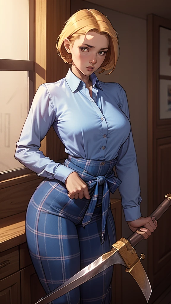 伐木工人手里拿着斧头性感女人肖像模式从腰部以上长袖衬衫白衬衫和蓝色袖子和格子衬衫系在腰部 