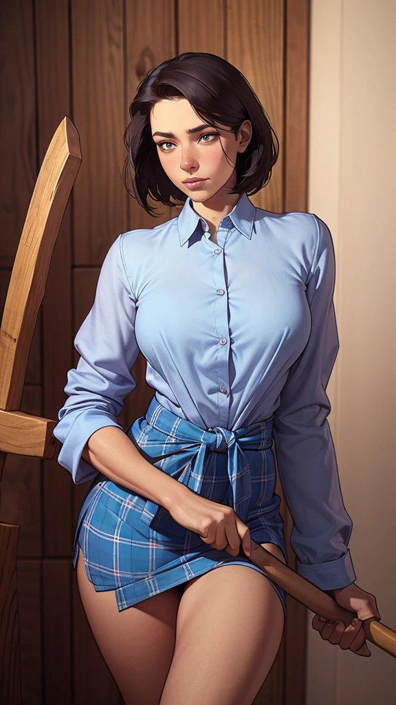 伐木工人手里拿着斧头性感女人肖像模式从腰部以上长袖衬衫白衬衫和蓝色袖子和格子衬衫系在腰部 