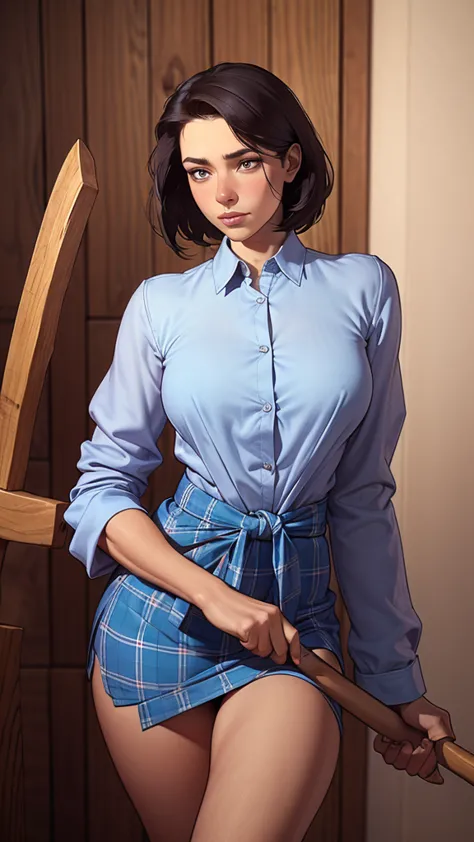 Lumberjack with ax in hand sesy woman portrait mode from the waist up long sleeve shirt white shirt and blue sleeves and plaid s...