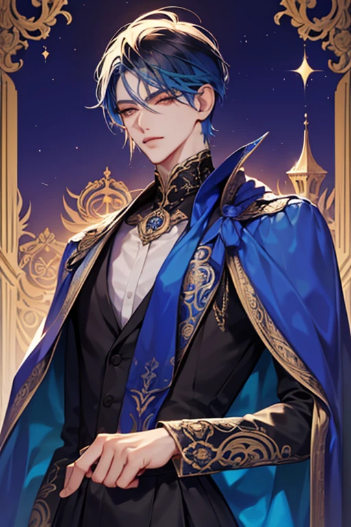 um close de uma pessoa vestindo uma capa e uma capa, vestindo roupas formais de fantasia, corpo todo, handsome androgynous prince, ((vestindo manto aristocrata)), delicate androgynous prince, roupas azuis escuras reais, roupas azuis escuras com brocado prateado, traje com detalhes em azul, vestes reais ornamentadas escuras, roupas elegantes reais imperiais, elegant cape, Capa real, casaco de pele, cabelo preto, olhos azuis, absurdo，A high resolution，ultra-detalhado），1 pessoa，adulto，bonito，garoto alto e musculoso，ombros largos，rosto masculino detalhado de 25 anos, Olhos finos e detalhados e rosto detalhado，Short cabelo preto，onyx eyes，Fantastic，efeito de sombra, flame，Brilho divino，