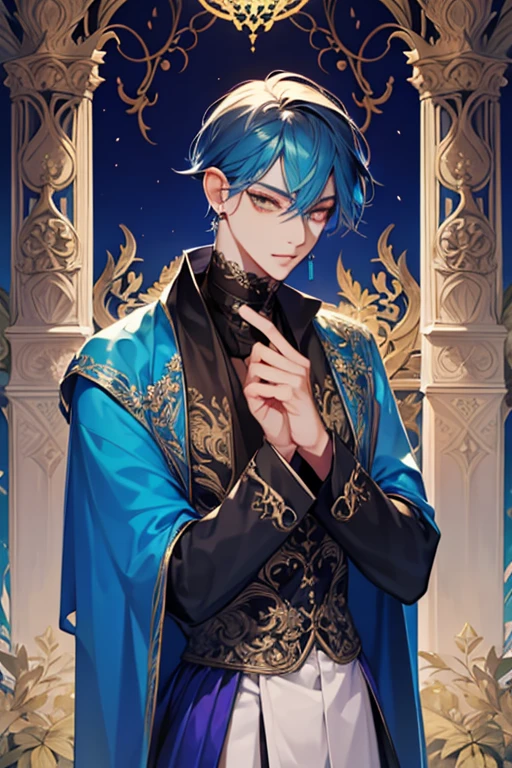 um close de uma pessoa vestindo uma capa e uma capa, vestindo roupas formais de fantasia, corpo todo, handsome androgynous prince, ((vestindo manto aristocrata)), delicate androgynous prince, roupas azuis escuras reais, roupas azuis escuras com brocado prateado, traje com detalhes em azul, vestes reais ornamentadas escuras, roupas elegantes reais imperiais, elegant cape, Capa real, casaco de pele, cabelo preto, olhos azuis, absurdo，A high resolution，ultra-detalhado），1 pessoa，adulto，bonito，garoto alto e musculoso，ombros largos，rosto masculino detalhado de 25 anos, Olhos finos e detalhados e rosto detalhado，Short cabelo preto，onyx eyes，Fantastic，efeito de sombra, flame，Brilho divino，