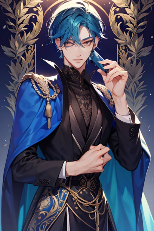 um close de uma pessoa vestindo uma capa e uma capa, vestindo roupas formais de fantasia, corpo todo, handsome androgynous prince, ((vestindo manto aristocrata)), delicate androgynous prince, roupas azuis escuras reais, roupas azuis escuras com brocado prateado, traje com detalhes em azul, vestes reais ornamentadas escuras, roupas elegantes reais imperiais, elegant cape, Capa real, casaco de pele, cabelo preto, olhos azuis, absurdo，A high resolution，ultra-detalhado），1 pessoa，adulto，bonito，garoto alto e musculoso，ombros largos，rosto masculino detalhado de 25 anos, Olhos finos e detalhados e rosto detalhado，Short cabelo preto，onyx eyes，Fantastic，efeito de sombra, flame，Brilho divino，