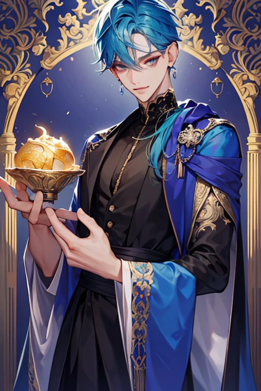 um close de uma pessoa vestindo uma capa e uma capa, vestindo roupas formais de fantasia, corpo todo, handsome androgynous prince, ((vestindo manto aristocrata)), delicate androgynous prince, roupas azuis escuras reais, roupas azuis escuras com brocado prateado, traje com detalhes em azul, vestes reais ornamentadas escuras, roupas elegantes reais imperiais, elegant cape, Capa real, casaco de pele, cabelo preto, olhos azuis, absurdo，A high resolution，ultra-detalhado），1 pessoa，adulto，bonito，garoto alto e musculoso，ombros largos，rosto masculino detalhado de 25 anos, Olhos finos e detalhados e rosto detalhado，Short cabelo preto，onyx eyes，Fantastic，efeito de sombra, flame，Brilho divino，