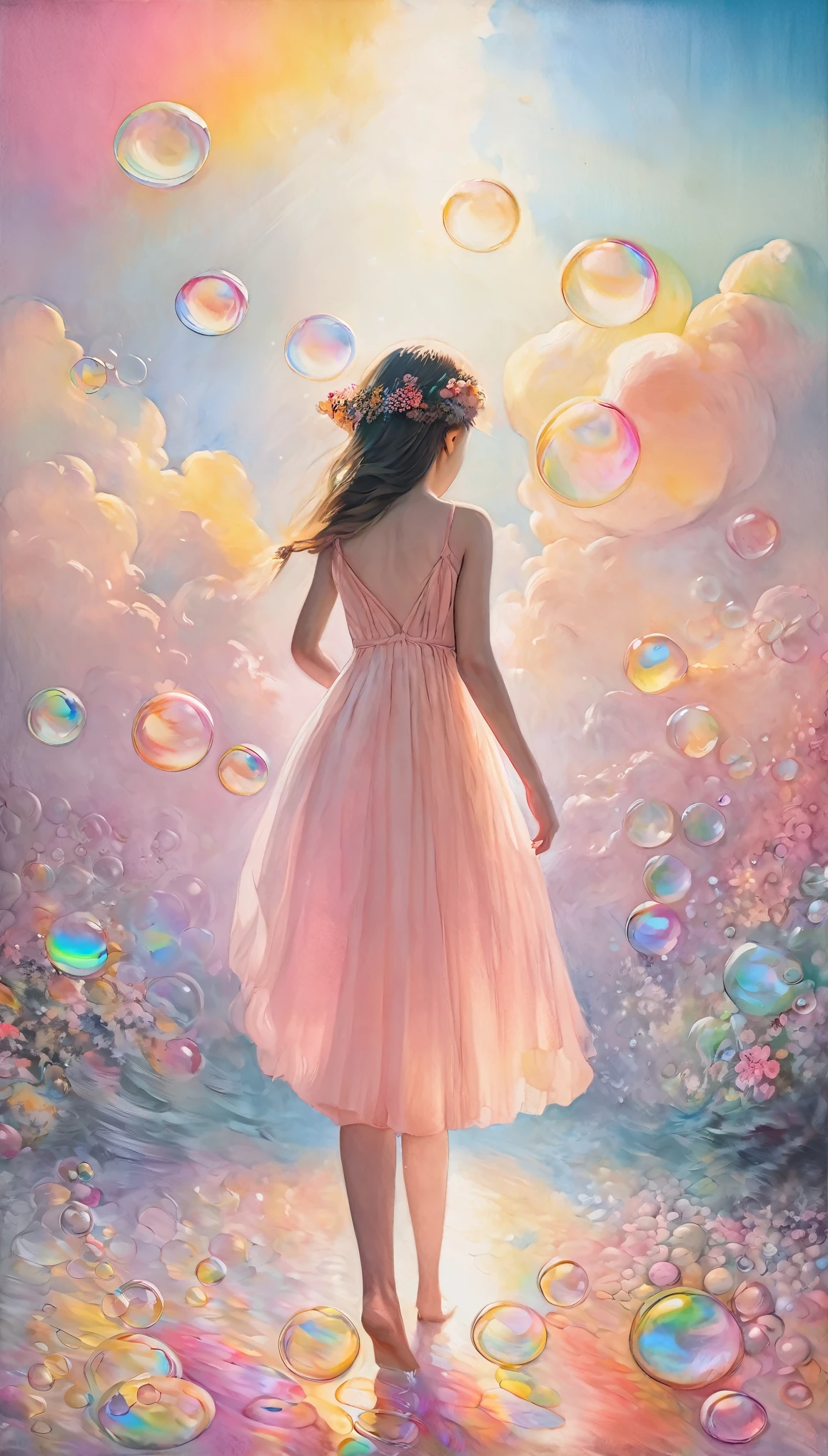 best quality, super fine, 16k, incredibly absurdres, extremely detailed, 2.5D, beautiful goddess, fairies and children walking on a carpet of iridescent soap bubbles, pastel-colored clouds, sunshine, pop art, delicate and dynamic effects that combine the tastes of oil painting and watercolor painting, iridescent fantasy