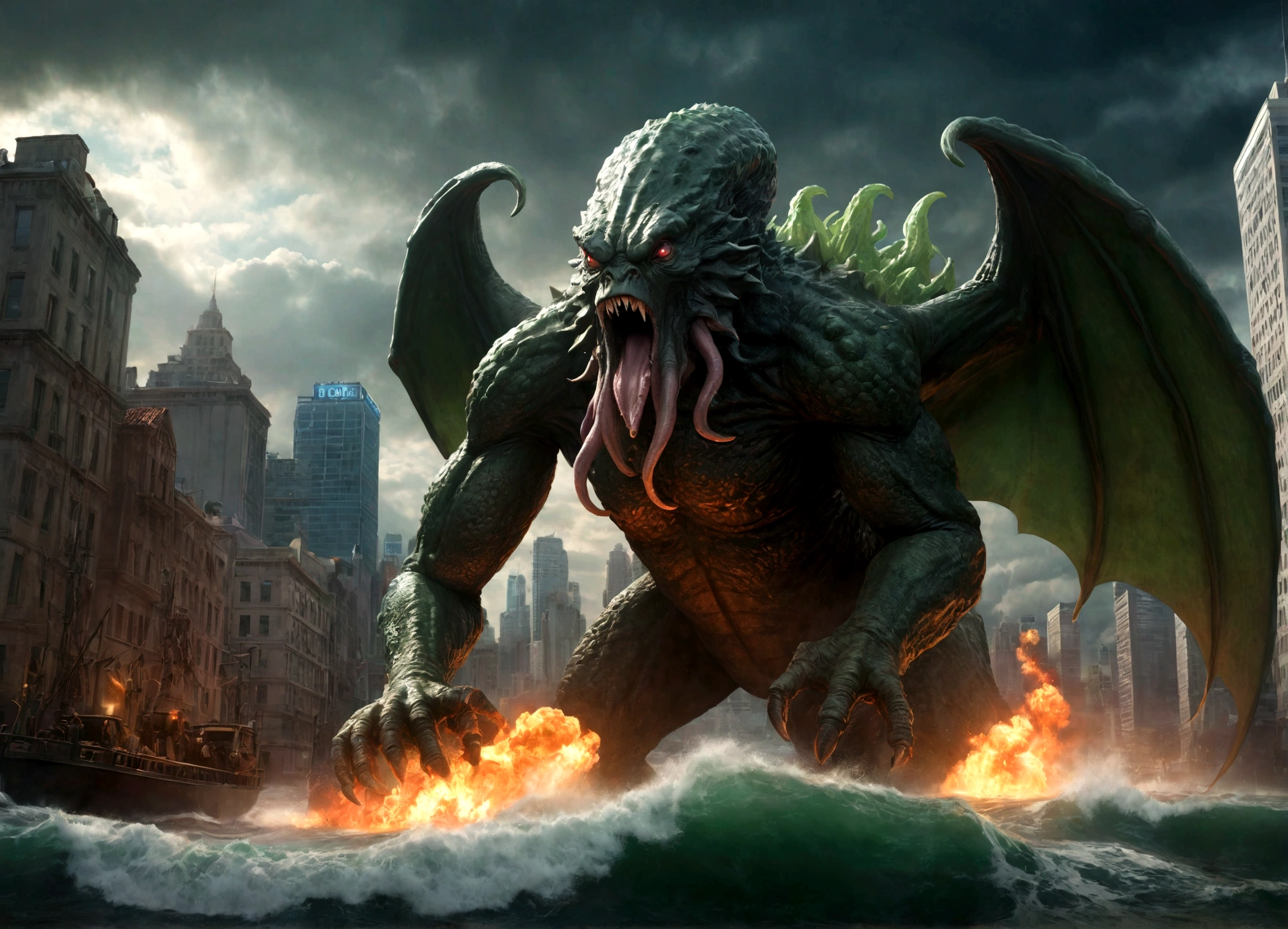 Cthulu is approaching Bangkok, from the other side of the city Godzilla roars and shoots nuclear fire
