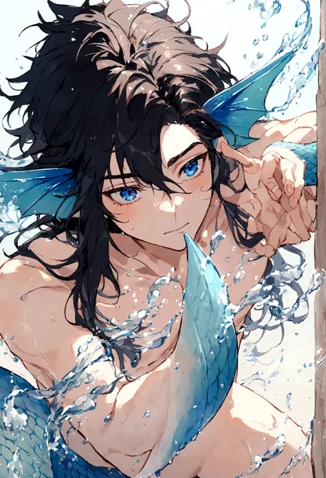 Merman, merman tail below waistline, black hair, short hair, black eyes -  SeaArt AI