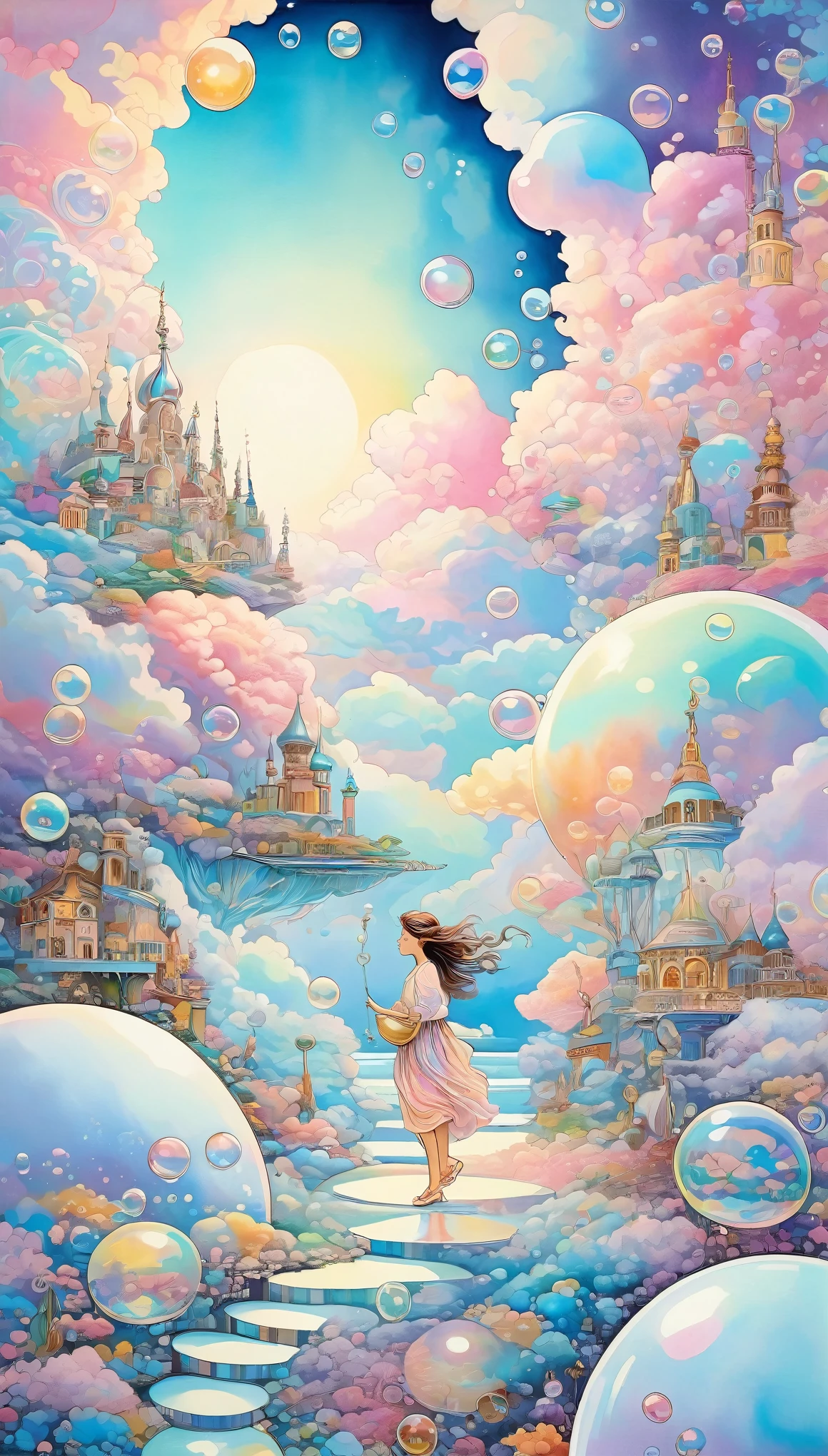 best quality, super fine, 16k, incredibly absurdres, extremely detailed, 2.5D, beautiful goddess, fairies and children walking on a carpet of iridescent soap bubbles, pastel-colored clouds, sunshine, pop art, delicate and dynamic effects that combine the tastes of oil painting and watercolor painting, iridescent fantasy