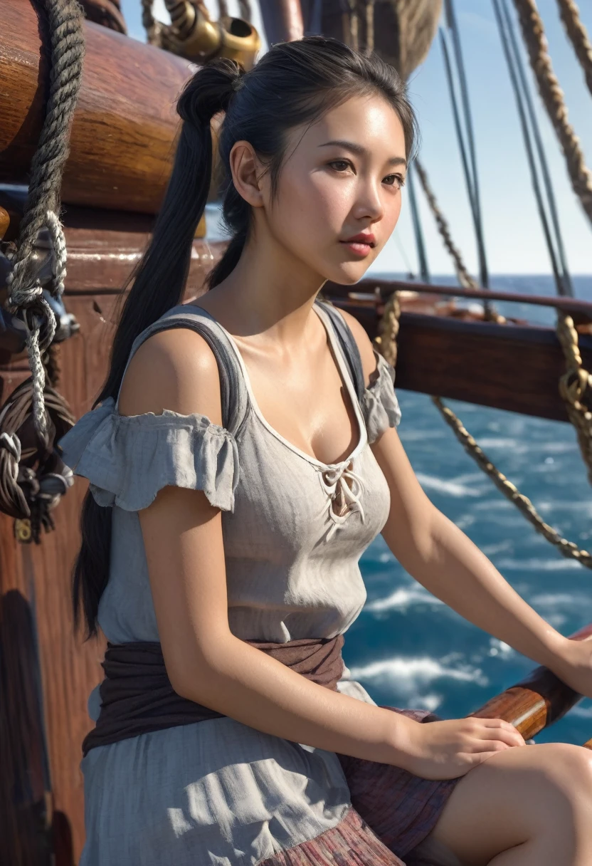 (((Creates shiny realistic photos))) A 15 year old medium breasted asian girl with ponytail hair in shabby clothes sits on the edge of the deck of a pirate ship sailing at anchor, looking out to sea with a curious look while seagulls fly around her,  hyperrealism, realistic lighting, ultra skin texsture, stable diffusion, perfect anatomy, crazy details, hyperrealism body, hyperrealism face, hyperrealism breast, hyperrealism hair, hyperrealism shadows, hyperrealism texsture, hyperrealism skin texsture, hyperrealism detailed face, hyperrealism detailed body, hyperrealism detailed breast, hyperrealism detailed hair, hyperrealism detailed anatomy, hyperrealism detailed lighting, hyperrealism detailed shadows, hyperrealism detailed texsture, hyperrealism detailed background