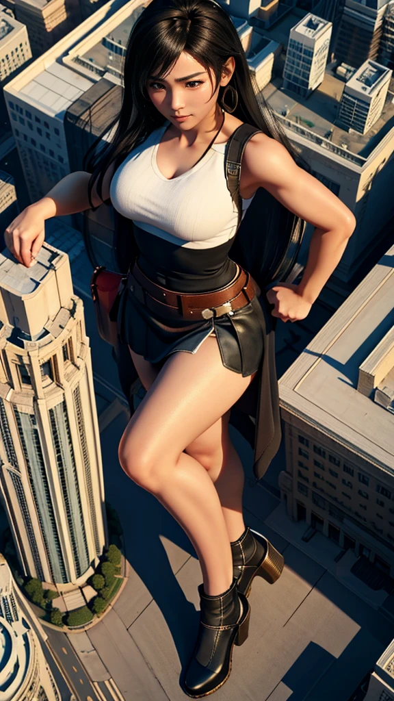 aerial view,From above，tifa,gtscity,skyscrapers,giant girl 50 feet high，Have a pair of ultra long legs,((stepping)),(Small men under her feet),a pair of huge breasts，high school student，mini skirt,black long hair，Wearing a pair of Mary Jane heels，standing in Shanghai，Beautiful appearance，Exquisite makeup，quality，8k，High quality，(governor:1.5)，Perfect proportion, Cinema lighting，film grain，Fuji colors，8k，textured skin，Super details，high detail，high quality，high resolution