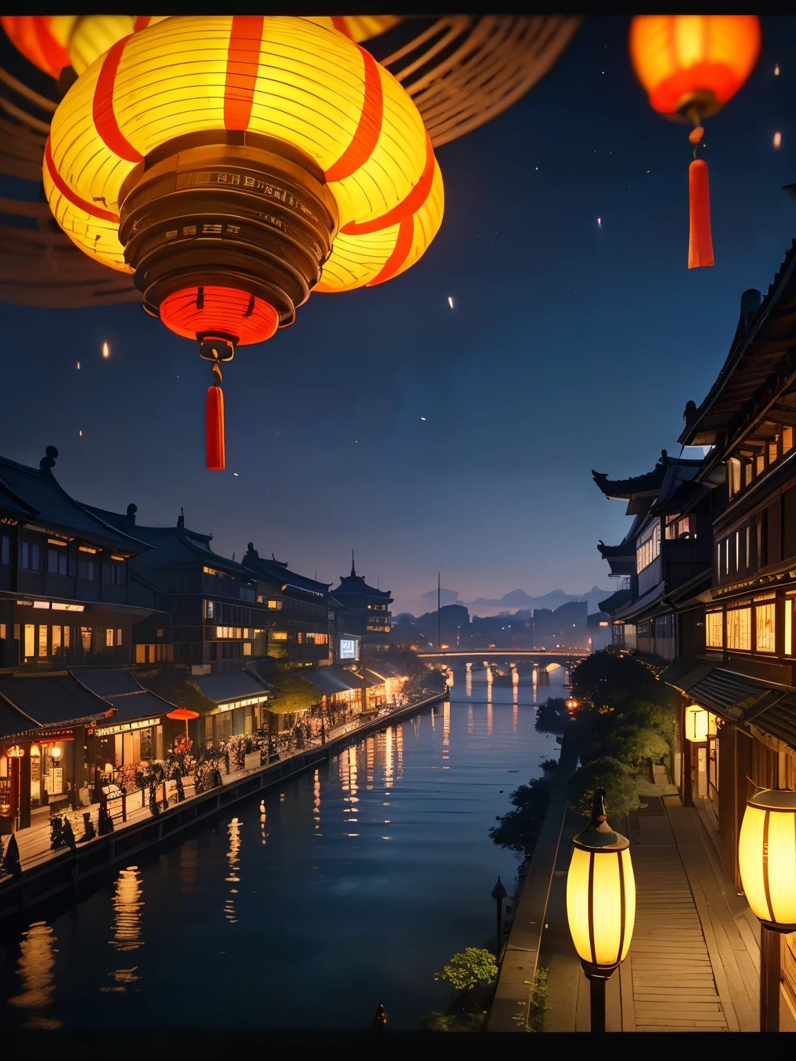 (8K, highest quality, masterpiece)，(Realistic, RAW Photos, Super Fine Clear), Realistic Light, Lantern Festival in Tainan, no peoples, lake side, traditional chinese wooden buildings, (fly many lanterns into the night sky:1.2)