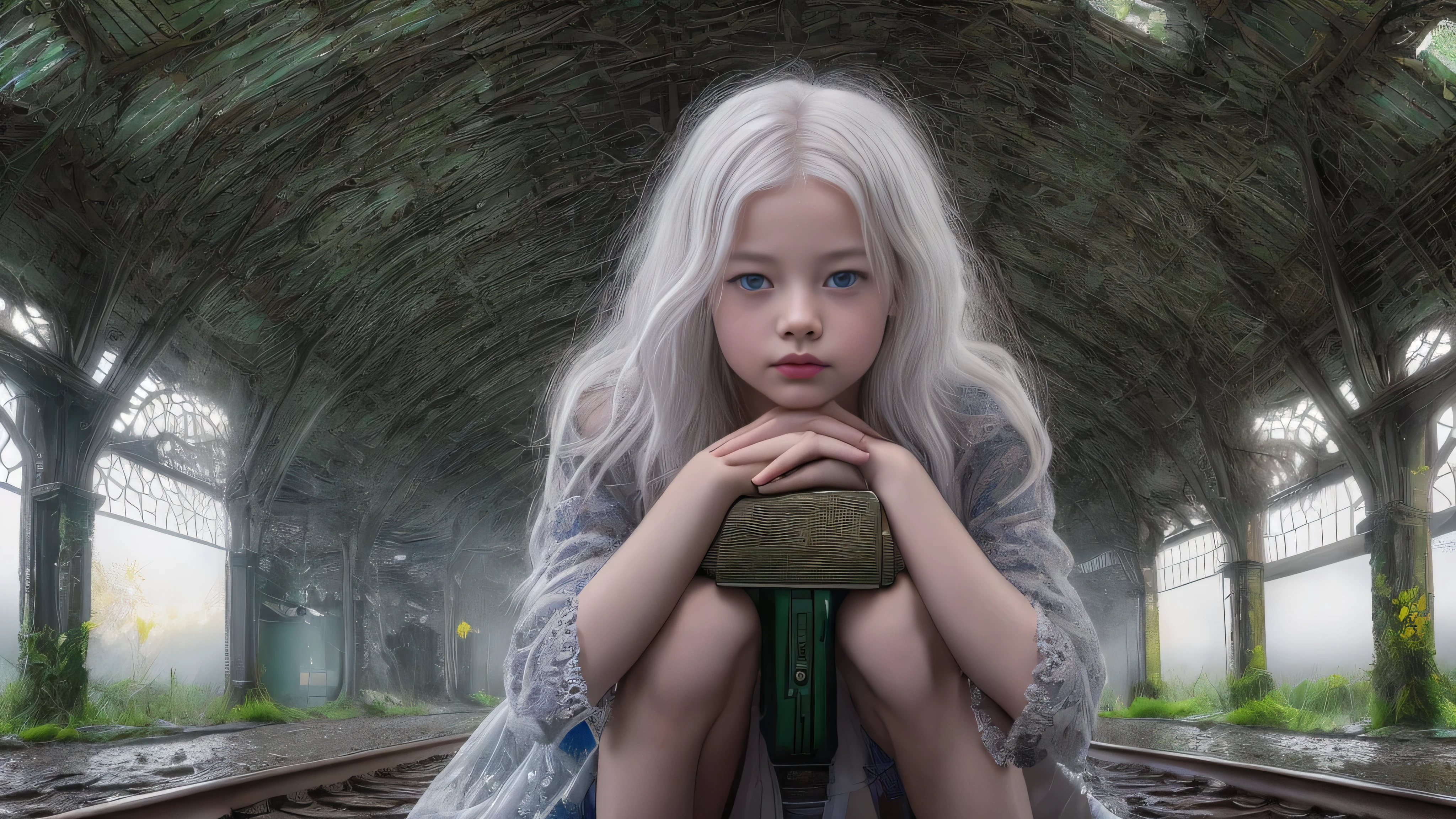 (Mackenzie Foy white hair teen girl,13 years old with spread legs:1.5), (long, messy hair:1.3), blue eyes, detailed eyes, detailed lips, (sits naked with white panties, sensual, full body:1.5), (photo from many different angles:1.5), (creepy and scary abandoned railway station platform with fog and fog, snow, green moss incoming  old train:1.5), low neck, ray tracing, (best quality, 4k, 8k, high resolution, masterpiece:1.2), very detailed, (realistic , photorealistic, photorealistic :1.37), HDR, UHD, masterpiece, professional, vivid colors, bokeh, studio lighting