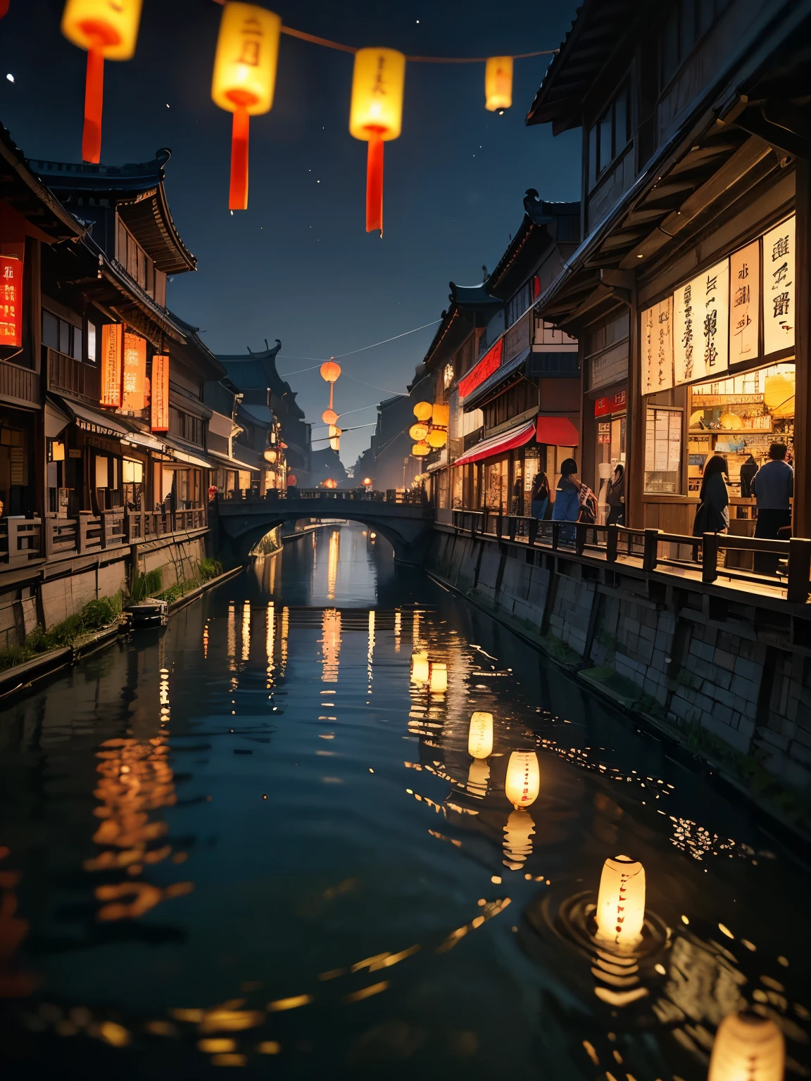 (8K, highest quality, masterpiece)，(Realistic, RAW Photos, Super Fine Clear), Realistic Light, Lantern Festival in Tainan, no peoples, lake side, traditional chinese wooden buildings, (fly many lanterns into the night sky:1.2)