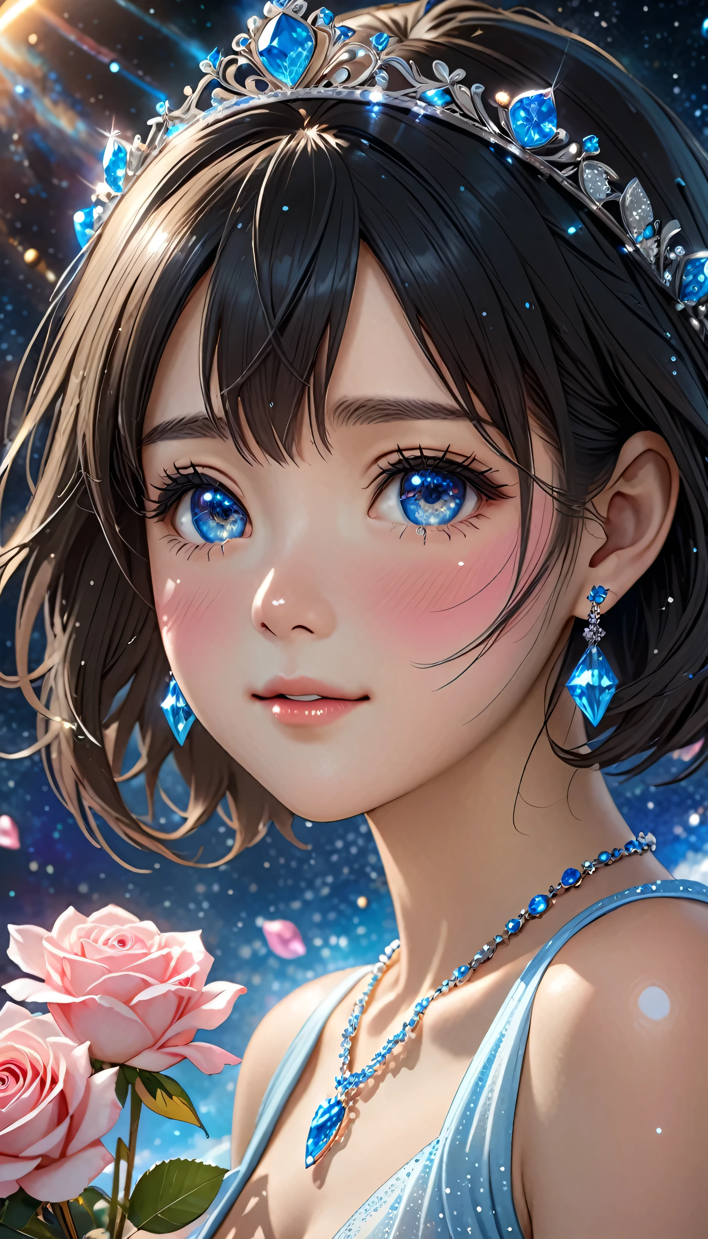 National Science Foundation,masterpiece,High resolution,8K,Art,digit,Three-dimensional,Realism,Kyoto Animation Style,your name movie style,cute,baby face,look into camera,The vast universe galaxy planet background,(1 female: 1.3),(alone: 1.4),(Upper body nudity),Gorgeous blue crystal tiara,Blue crystal necklace,Sapphire crystal earrings,Blue crystal ring,Hand holding bouquet of pink roses,Long eyelashes,Long thin legs,Short Bob,Close-up of upper body,Close-up,Close up,Eyes as deep as the starry sky,blush,shy,Crying because of happiness