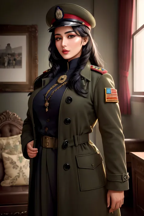 Afghan model girl, (38 years old), in the military room, buxom, cap, overcoat, alluring expression, (masterpiece, best quality, ...