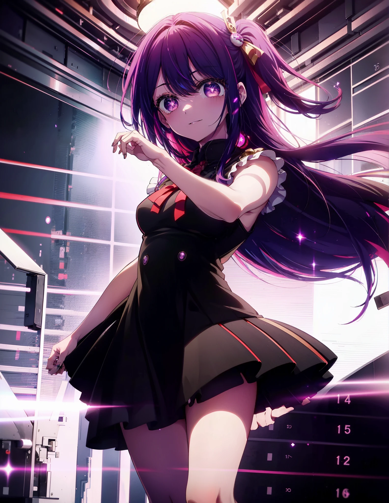 aihoshino, Ai Hoshino, Long Hair, bangs, (Purple eyes:1.1), Purple Hair, (Symbol-shaped pupil:1.5), 
happy smile, smile, Open your mouth,one side up, hair ornaments, Hair Ribbon, Sleeveless dress,black skinny pants,Stiletto heels,walking,whole bodyがイラストに入るように,Daytime,Clear skies,
break indoors, office,
break looking at viewer, whole body,(Cowboy Shot:1. 5)
break (masterpiece:1.2), highest quality, High resolution, unity 8k wallpaper, (figure:0.8), (Beautiful fine details:1.6), Highly detailed face, Perfect lighting, Highly detailed CG, (Perfect hands, Perfect Anatomy),