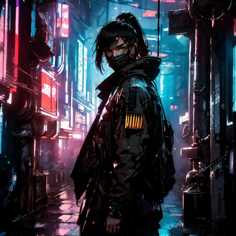 (rule of thirds),((ultra realistic illustration:1.3)).(dark sci-fi),(cyberpunk:1.3). A cold, gritty dystopic mega city at((night)), a gloomy place of despair, brutalism. A cybernetic ninja, a 25 yo Japanese man, with a white ponytail, choppy bangs, a red cybernetic right eye, wearing face mask. Armed with katana and kunai. Masterpiece, (highly detailed:1.2),(detailed face and eyes:1.2), 8k wallpaper, Moody lighting. core shadows, high contrast, bokeh.