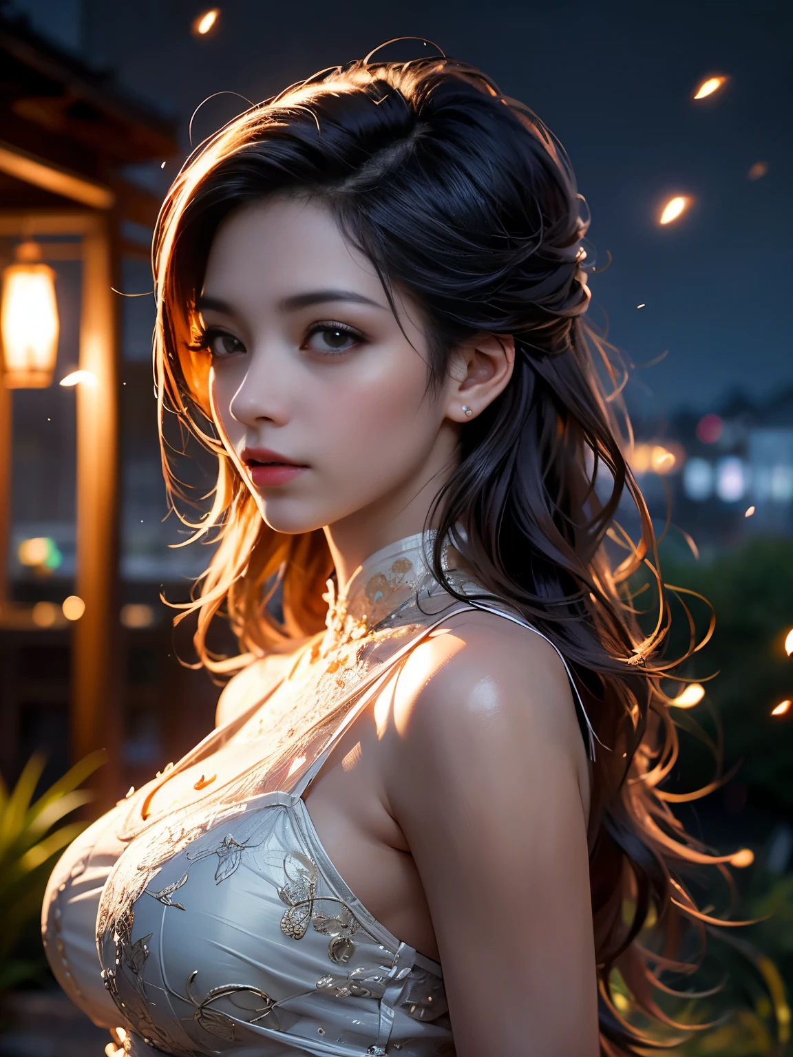 (8k, highest quality, masterpiece: 1.2), (Realistic, photoRealistic: 1.37), Super detailed, One Girl, Wide viewing angles, Firefly Garden, There are lots of little faint lights and fireflies flying around, night, big firm bouncing bust