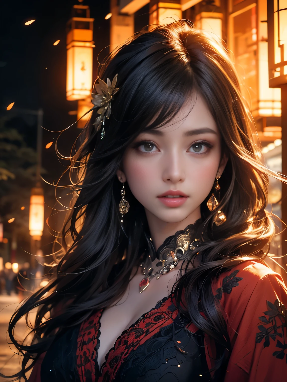 (8k, highest quality, masterpiece: 1.2), (Realistic, photoRealistic: 1.37), Super detailed, One Girl, Wide viewing angles, Firefly Garden, There are lots of little faint lights and fireflies flying around, night, big firm bouncing bust