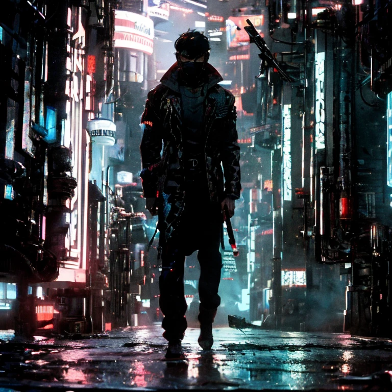 (Règle des tiers),((illustration ultra réaliste:1.3)).(science-fiction sombre),(cyberpunk:1.3). un rhume, mégapole dystopique et graveleuse à((nuit)), un lieu sombre et désespéré, brutalisme. Un ninja cybernétique, un Japonais de 25 ans, avec une queue de cheval, frange agitée, un œil droit cybernétique rouge, porter un masque. Armé de katana et de kunai. chef-d&#39;œuvre, (très détaillé:1.2),(Visage et yeux détaillés:1.2), Fond d&#39;écran 8k, éclairage maussade. ombres centrales, Contraste élevé, bokeh.