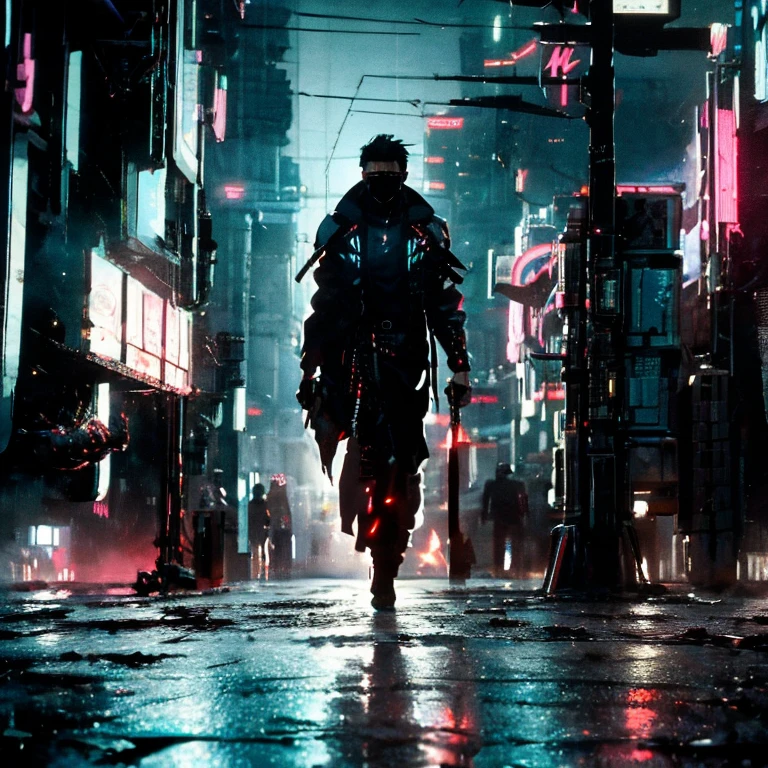 (rule of thirds),((ultra realistic illustration:1.3)).(dark sci-fi),(cyberpunk:1.3). A cold, gritty dystopic mega city at((night)), a gloomy place of despair, brutalism. A cybernetic ninja, a 25 yo Japanese man, with a ponytail, choppy bangs, a red cybernetic right eye, wearing face mask. Armed with katana and kunai. Masterpiece, (highly detailed:1.2),(detailed face and eyes:1.2), 8k wallpaper, Moody lighting. core shadows, high contrast, bokeh.