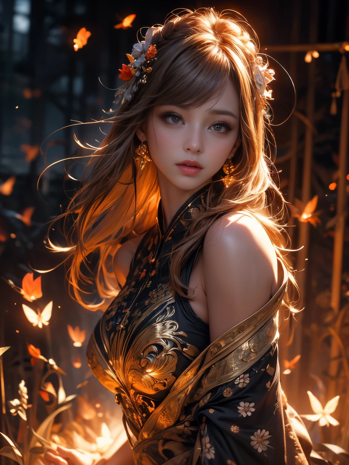 (8k, highest quality, masterpiece: 1.2), (Realistic, photoRealistic: 1.37), Super detailed, One Girl, Wide viewing angles, Firefly Garden, There are lots of little faint lights and fireflies flying around, night, big firm bouncing bust